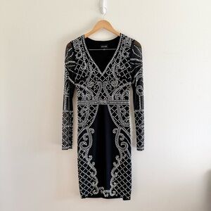 XSCAPE Black Long Sleeve White Silver Bead Embellishment Dress size 8